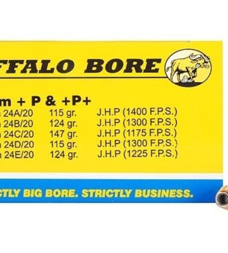 Buffalo Bore 9mm Luger +P+ Ammo 124 Grain Jacketed Hollow Point Box of 20