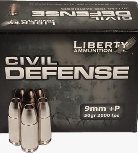 Liberty Ammunition Civil Defense 9mm Luger +P Ammo 50 Grain Fragmenting Hollow Point Lead Free Box of 20