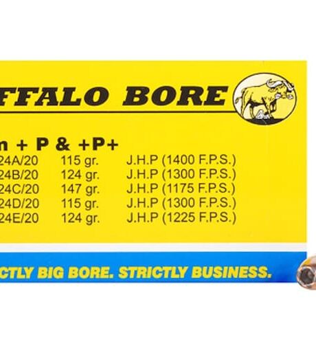 Buffalo Bore 9mm Luger +P+ Ammo 147 Grain Jacketed Hollow Point Box of 20