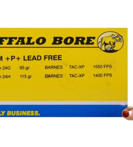 Buffalo Bore 9mm Luger +P+ Ammo 95 Grain Barnes TAC-XP Solid Hollow Point Lead Free Box of 20