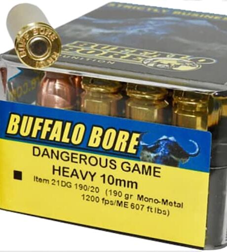 Buffalo Bore Dangerous Game 10mm Auto Ammo 190 Grain Lehigh Solid Wide Flat Nose Lead Free Box of 20