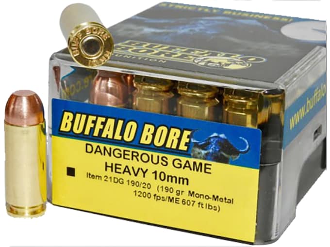 Buffalo Bore Dangerous Game 10mm Auto Ammo 190 Grain Lehigh Solid Wide Flat Nose Lead Free Box of 20