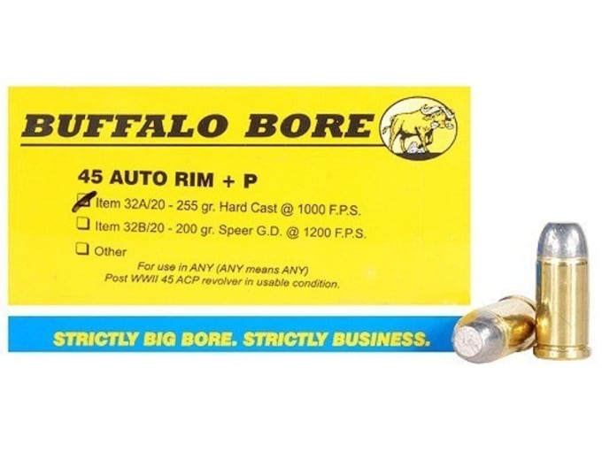 Buffalo Bore 45 Auto Rim (Not ACP) +P Ammo 255 Grain Flat Nose Box of 20