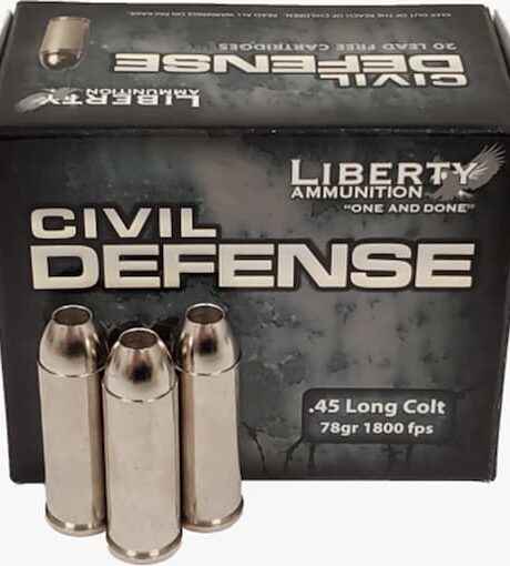 Liberty Ammunition Civil Defense 45 Colt (Long Colt) Ammo 78 Grain Fragmenting Hollow Point Lead Free Box of 20