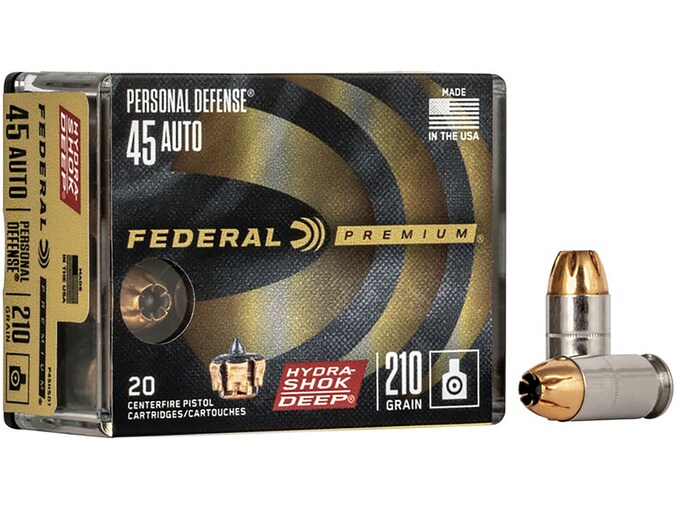 Federal Premium Personal Defense 45 ACP Ammo 210 Grain Federal Hydra-Shok Deep Jacketed Hollow Point