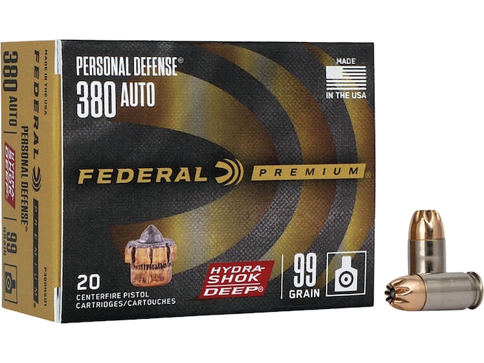 Federal Premium Personal Defense Micro 380 ACP Ammo 99 Grain Federal Hydra-Shok Deep Jacketed Hollow Point Box of 20