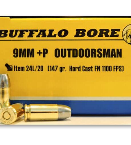 Buffalo Bore Outdoorsman 9mm Luger +P Ammo 147 Grain Flat Nose Box of 20