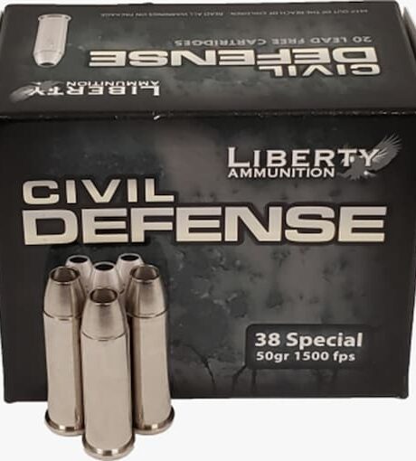 Liberty Ammunition Civil Defense 38 Special Ammo 50 Grain Fragmenting Hollow Point Lead Free Box of 20