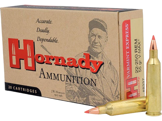 Hornady Varmint Express 22-250 Remington Ammo 55 Grain Hornady V-Max Polymer Tip Box of 20