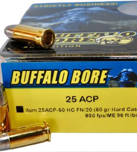 Buffalo Bore Heavy 25 ACP Ammo 60 Grain Flat Nose Box of 20