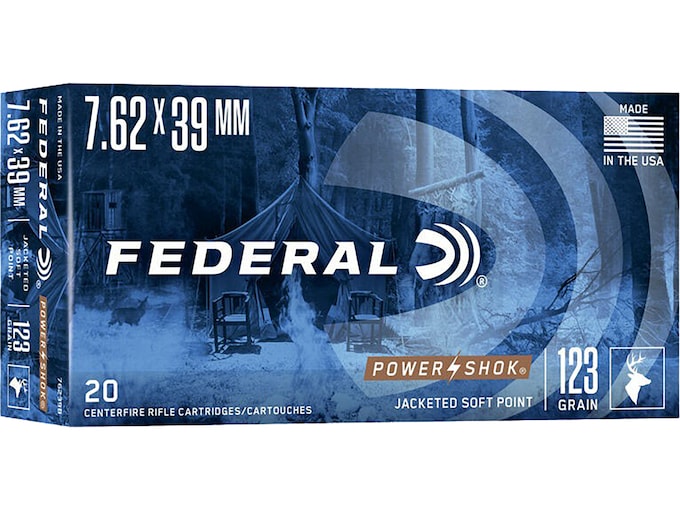 Federal Power-Shok 7.62x39mm Ammo 123 Grain Jacketed Soft Point Box of 20