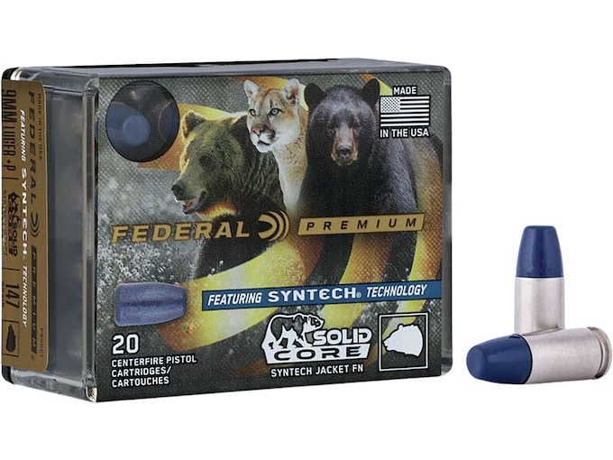 Federal Premium Syntech Solid Core 9mm Luger +P Ammo 147 Grain Federal TSJ Total Synthetic Jacket (TSJ)