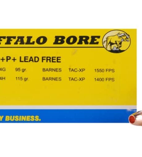 Buffalo Bore 9mm Luger +P+ Ammo 115 Grain Barnes TAC-XP Solid Hollow Point Lead Free Box of 20