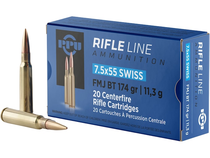 PPU 7.5mm Schmidt Rubin (7.5 x 55 Swiss) Ammo 174 Grain Full Metal Jacket Box of 20