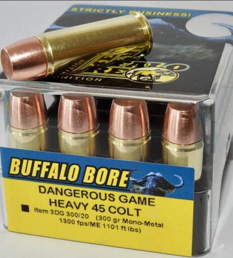 Buffalo Bore Dangerous Game 45 Colt (Long Colt) +P Ammo 300 Grain Lehigh Match Solid Flat Nose Lead Free Box of 20