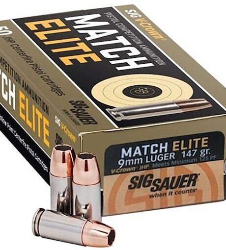 Sig Sauer Match Elite 9mm Luger Ammo 147 Grain Sig V-Crown Jacketed Hollow Point Box of 50