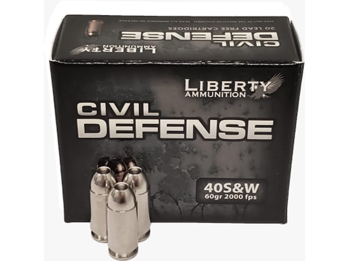 Liberty Ammunition Civil Defense 40 S&W Ammo 60 Grain Fragmenting Hollow Point Lead Free Box of 20