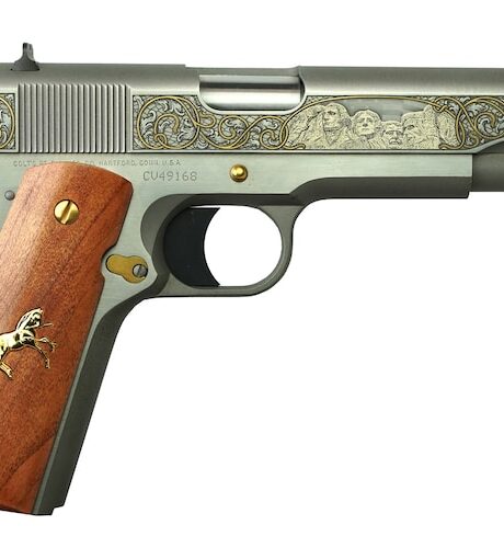 Colt 1911C Mount Rushmore 45 ACP Pistol 5" Barrel 7+1 Round Gold Slide Cherry Grip Gun Metal Gray Frame