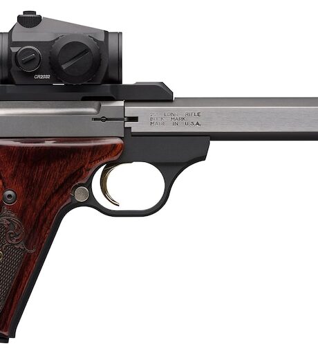 Browning Buck Mark Medallion 22LR Pistol 5.5" Barrel 10+1 Round Stainless Slide Rosewood Grip Matte Black Frame Vortex Crossfire Red Dot