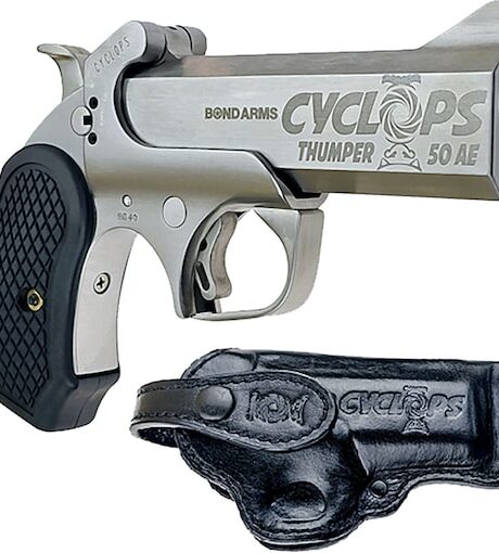Bond Arms Cyclops Thumper 50 Action Express Single Shot Pistol 4.25" Barrel 1 Round Black Grip Satin Frame Leather Holster