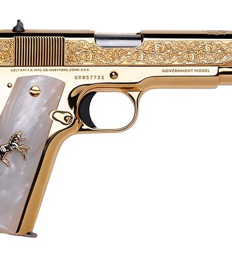 Colt CNC El Ranchero 1911 38 Super Pistol 5" Barrel 7+1 Round Gold Slide Pearl Grip Gold Frame