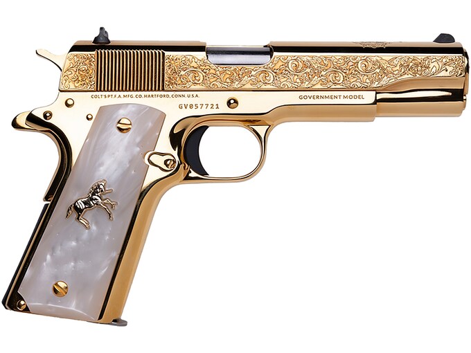 Colt CNC El Ranchero 1911 38 Super Pistol 5" Barrel 7+1 Round Gold Slide Pearl Grip Gold Frame