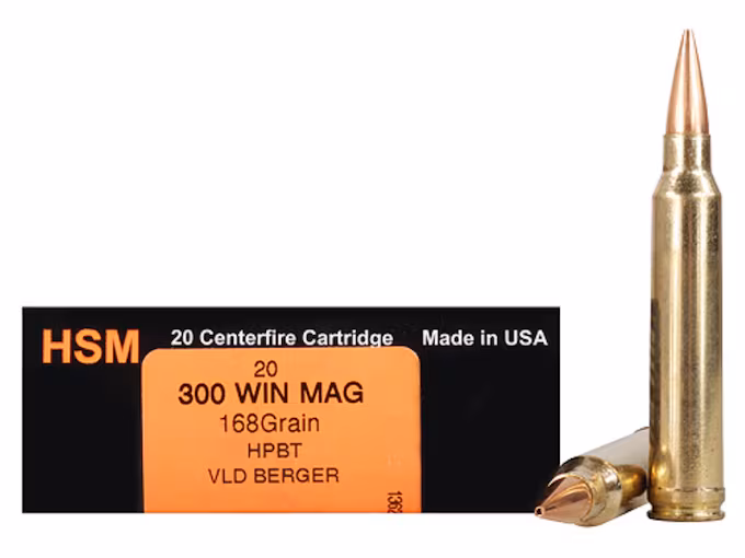 HSM Trophy Gold 300 Winchester Magnum Ammo 168 Grain Berger Hunting VLD (Very Low Drag) Jacketed Hollow Point Box of 20